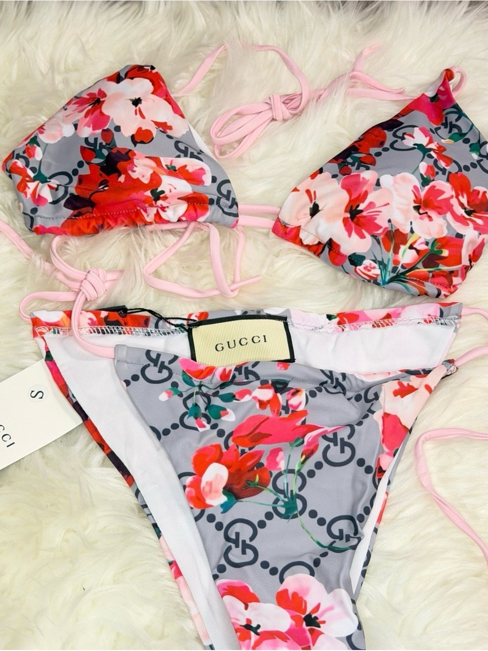 Gucci Pink Floral Logo Triangle String Bikini medium